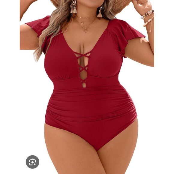 Blooming Jelly Plus Size One Piece Swim Suit XXL Red Ruffled Shoulders NWT - Picture 1 of 8